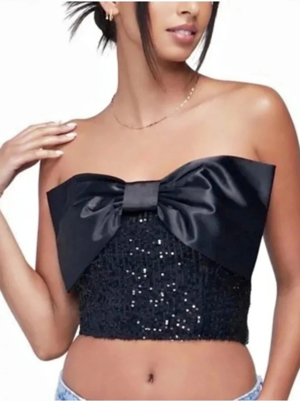 Wildfox Alston Sequin Bow Tube Top Crop Top Black Small